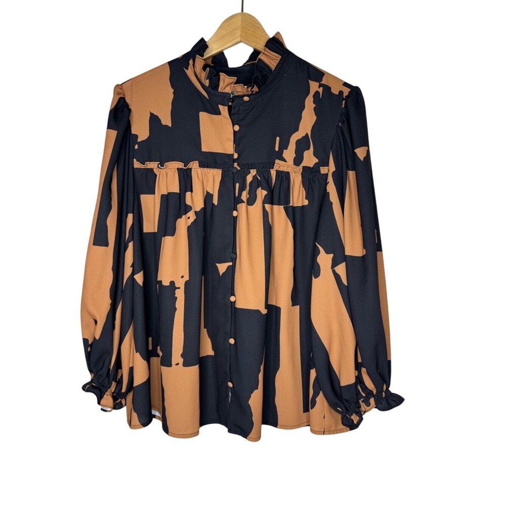 Crosby By Mollie Burch Worth‎ Blouse Sz L Ruffle Abstract Artsy Office Career